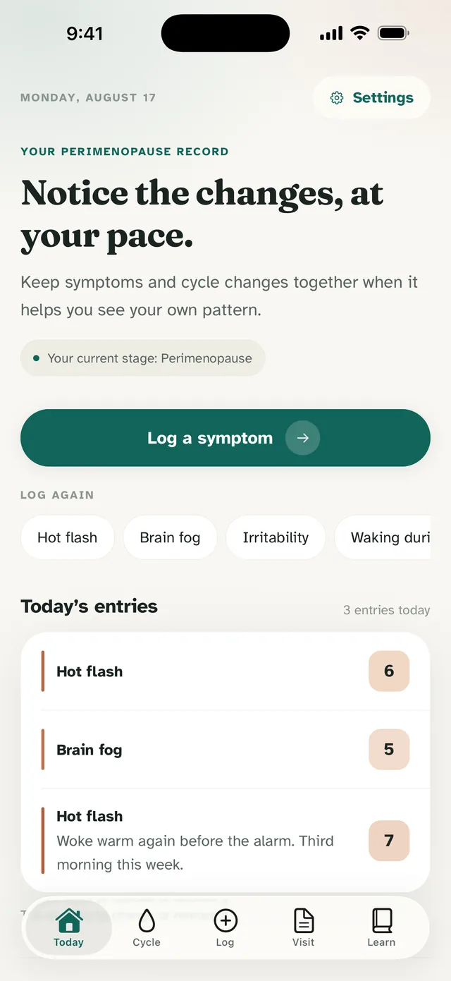 The Menolora Today screen showing the day’s symptom entries and their intensity