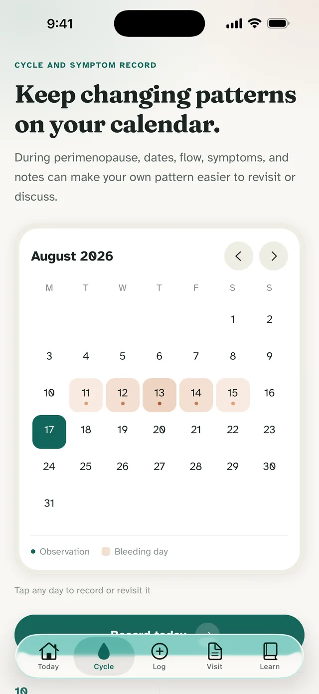 Menolora app screen: One calendar for what is changing