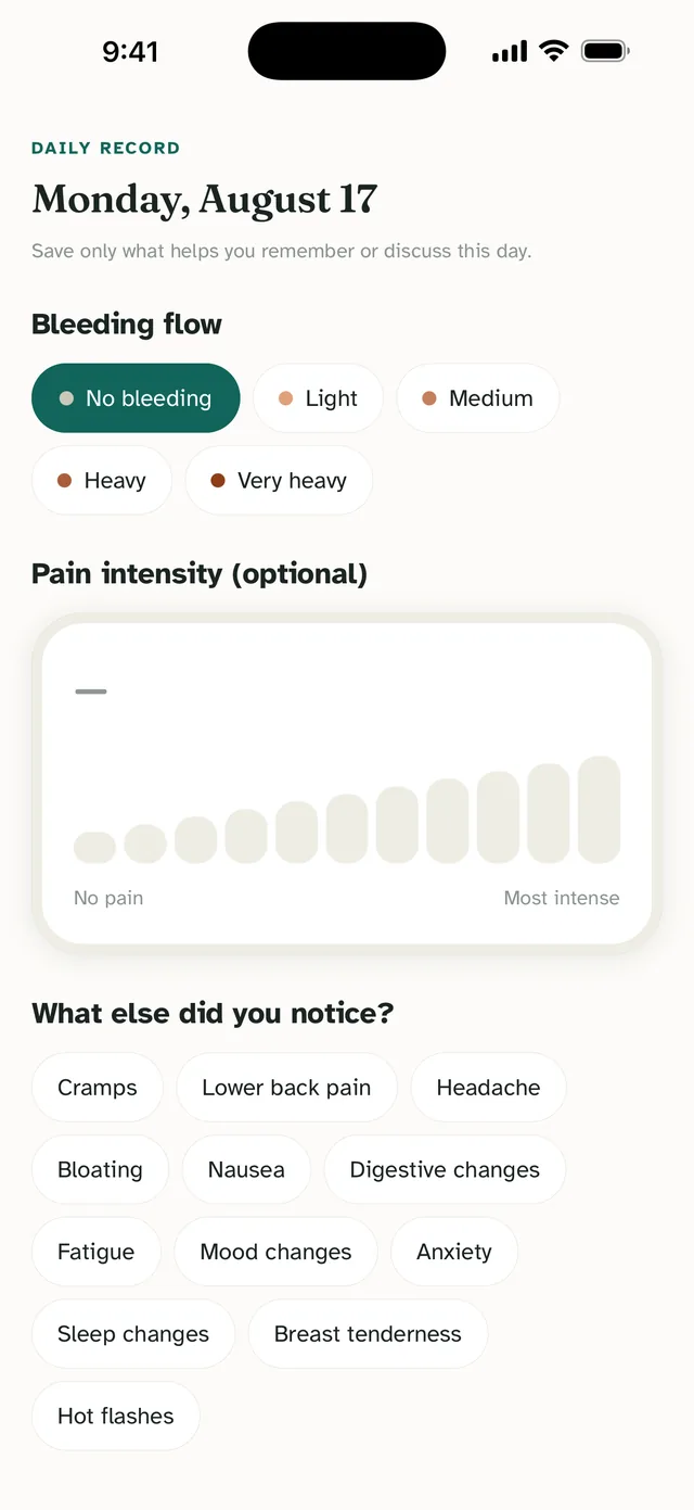 Menolora app screen: One day, seen in context
