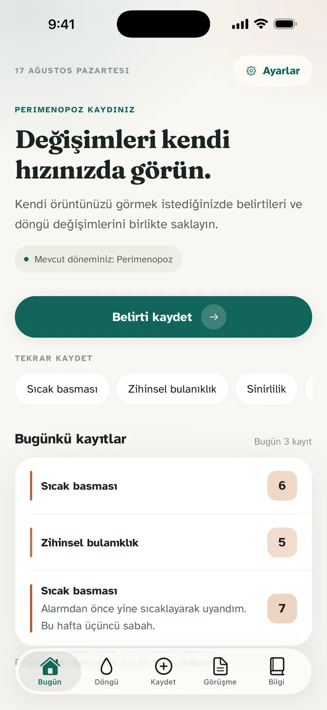 Menolora Bugün ekranı: günün belirti kayıtları ve şiddet değerleri